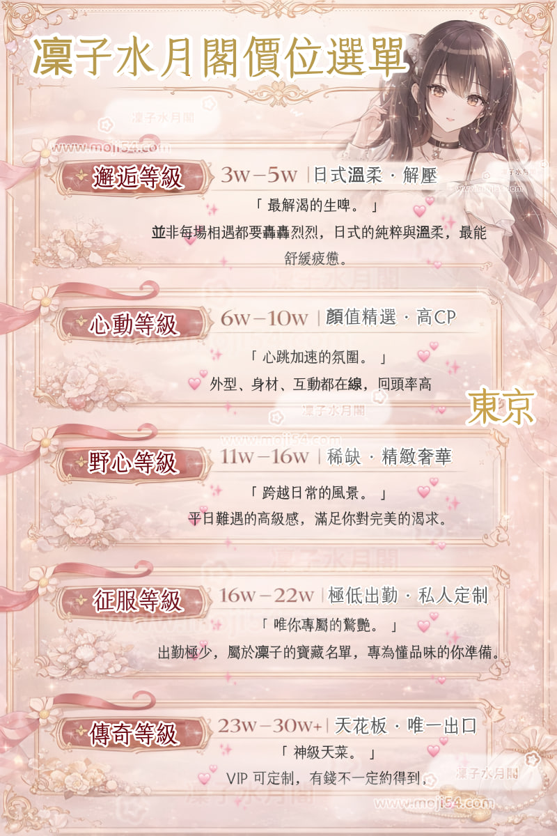 🗼凜子 東京奢華選單：天花板等級「傳奇」現身。3w 日幣起享受精緻解壓，更有稀缺神級天菜 VIP 定制。注重品質與隱私的高端客群首選