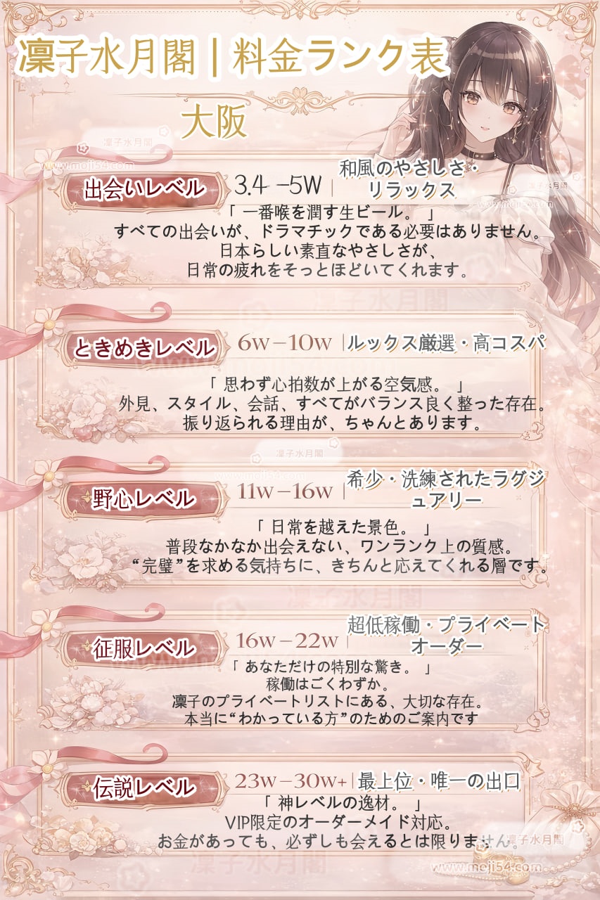 【大阪エリア料金ランク】コスパ重視の「ときめきレベル」から、VIP限定のオーダーメイド対応まで。大阪の夜を彩る厳選されたキャストを、ご予算に合わせてご案内。西日本最大級の満足度を誇る、凜子水月閣ならではの特別プランをチェック