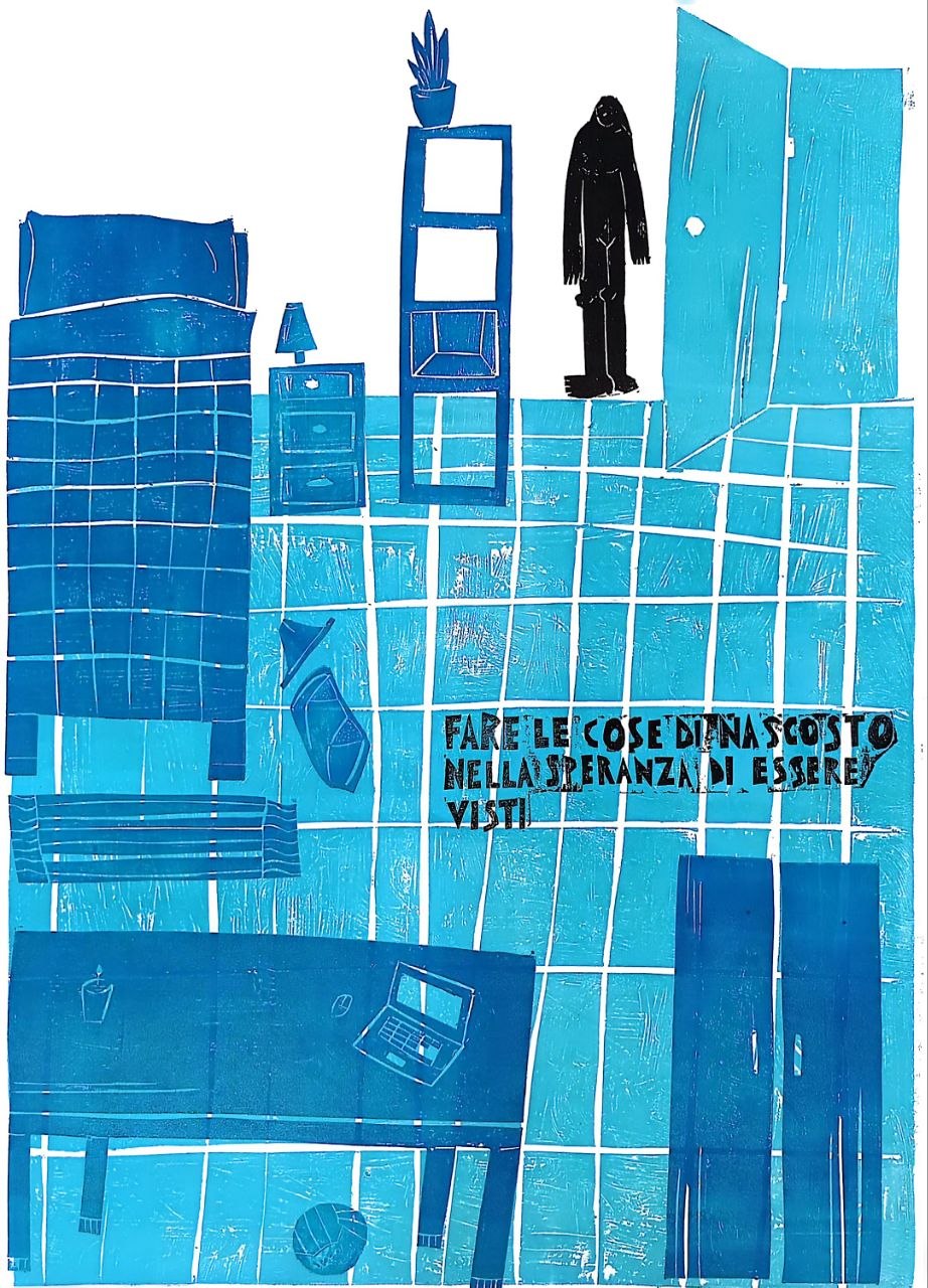 Da "Fare le cose di nascosto nella speranza di essere visti", 2026, xilografia su cartone pressato 50x70 cm